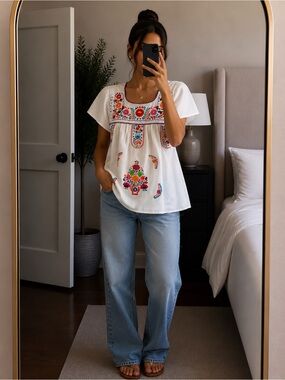 Vintage Handmade Embroidered Floral Blouse White‎ Cotton Colourful Boho Folk M